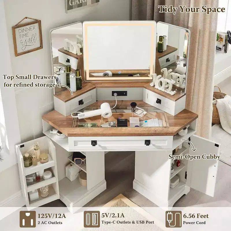 Scrivania toeletta in stile rustico da 48" con specchio a 3 ante, luci LED e stazione di ricarica – Marrone, 1 persona