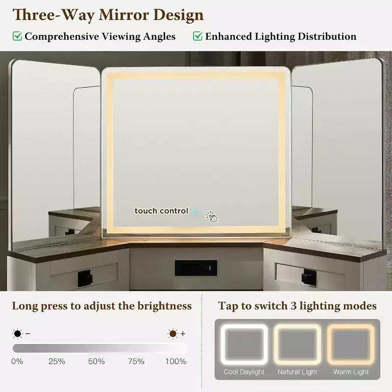 Scrivania toeletta in stile rustico da 48" con specchio a 3 ante, luci LED e stazione di ricarica – Marrone, 1 persona