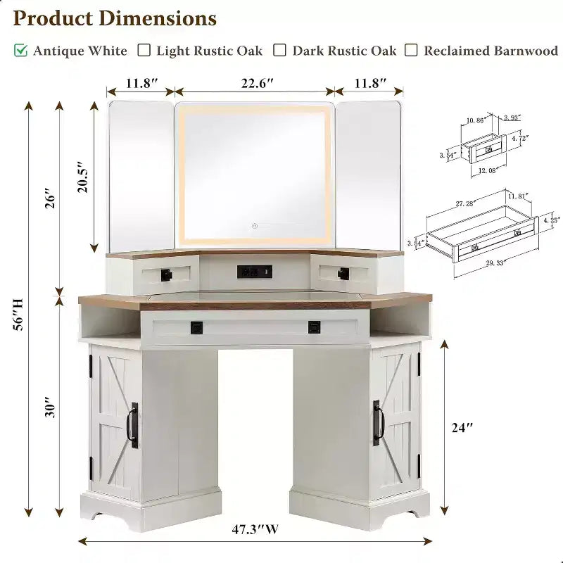 Scrivania toeletta in stile rustico da 48" con specchio a 3 ante, luci LED e stazione di ricarica – Marrone, 1 persona
