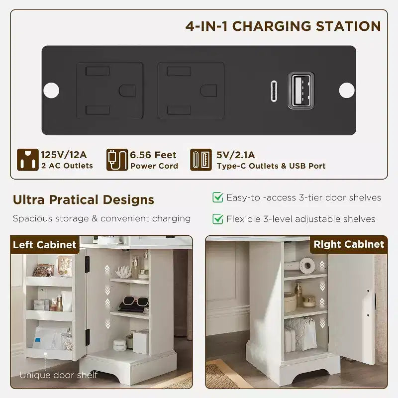Scrivania toeletta in stile rustico da 48" con specchio a 3 ante, luci LED e stazione di ricarica – Marrone, 1 persona