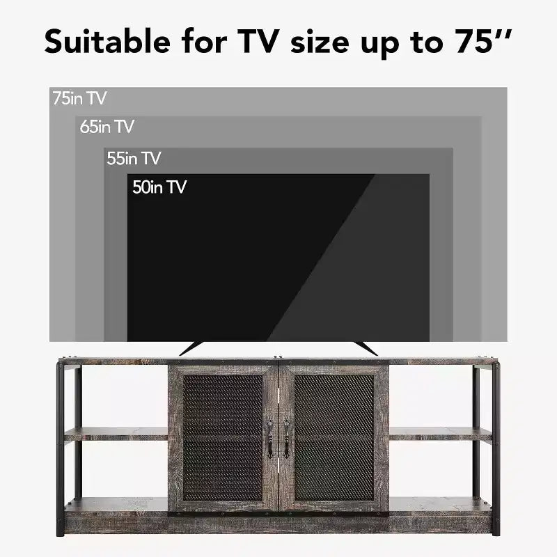 Mobile Porta TV Marrone / Quercia Scuro / Grigio con Vano Contenitore e Ante in Rete – Adatto fino a 75", per 1 TV