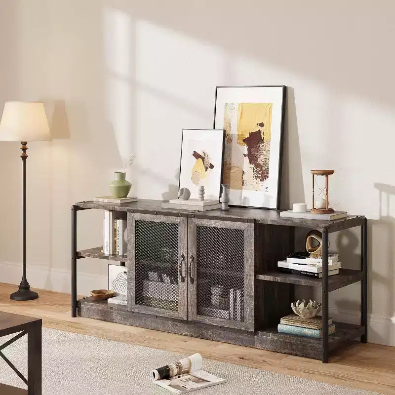 Mobile Porta TV Marrone / Quercia Scuro / Grigio con Vano Contenitore e Ante in Rete – Adatto fino a 75", per 1 TV