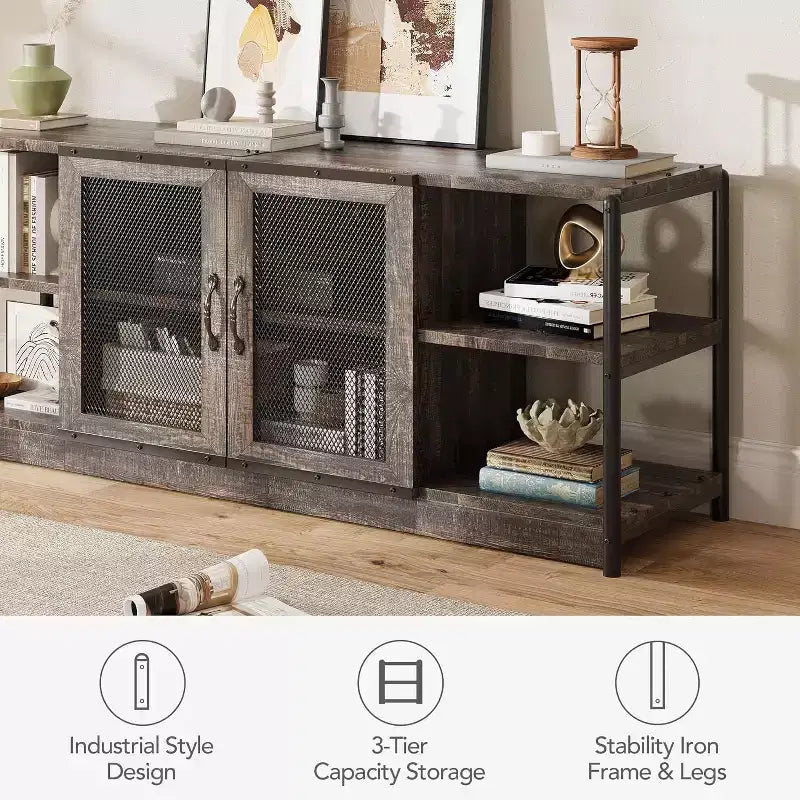 Mobile Porta TV Marrone / Quercia Scuro / Grigio con Vano Contenitore e Ante in Rete – Adatto fino a 75", per 1 TV