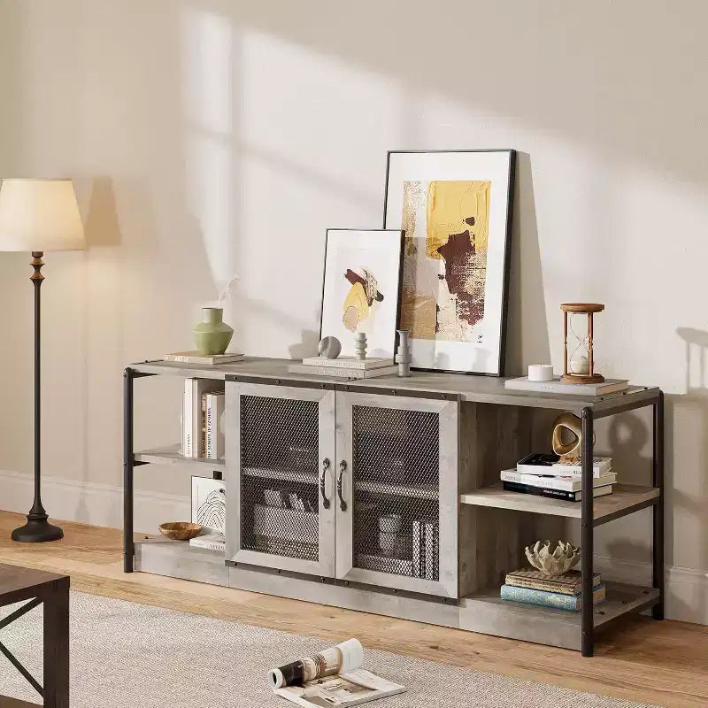 Mobile Porta TV Marrone / Quercia Scuro / Grigio con Vano Contenitore e Ante in Rete – Adatto fino a 75", per 1 TV