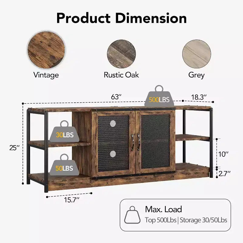Mobile Porta TV Marrone / Quercia Scuro / Grigio con Vano Contenitore e Ante in Rete – Adatto fino a 75", per 1 TV