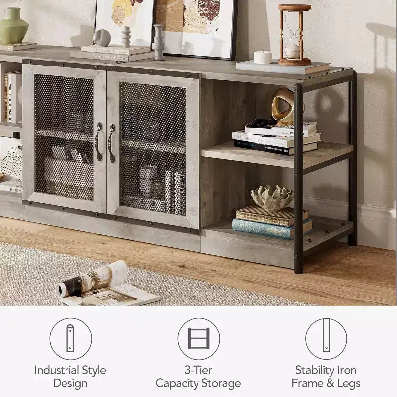 Mobile Porta TV Marrone / Quercia Scuro / Grigio con Vano Contenitore e Ante in Rete – Adatto fino a 75", per 1 TV