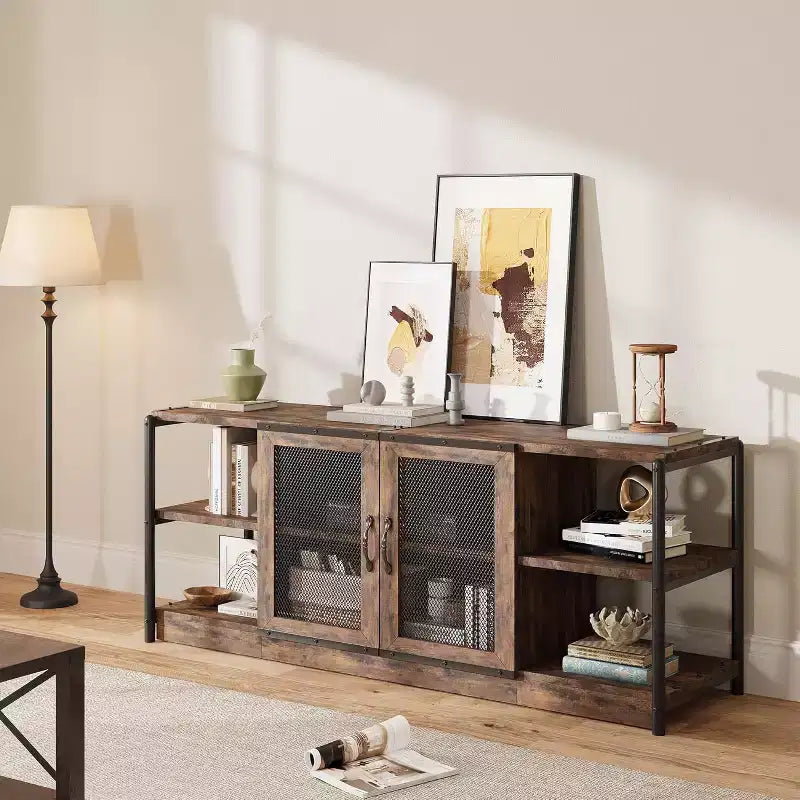 Mobile Porta TV Marrone / Quercia Scuro / Grigio con Vano Contenitore e Ante in Rete – Adatto fino a 75", per 1 TV
