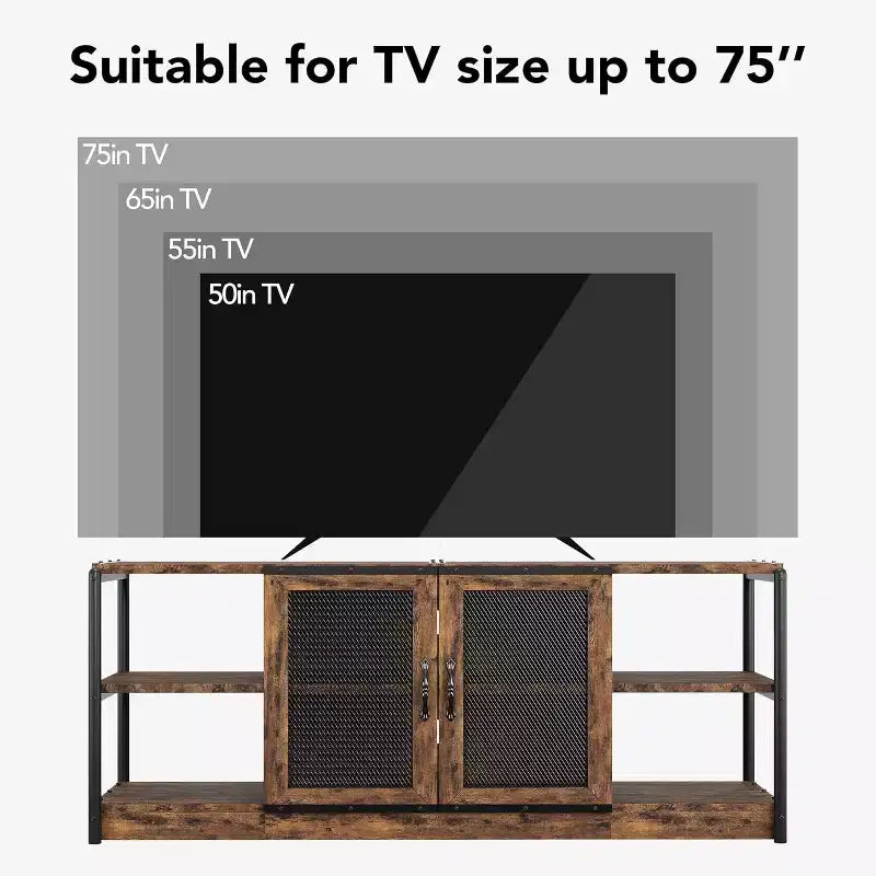 Mobile Porta TV Marrone / Quercia Scuro / Grigio con Vano Contenitore e Ante in Rete – Adatto fino a 75", per 1 TV