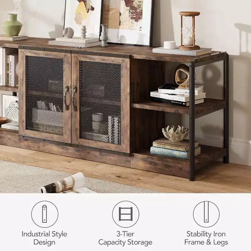 Mobile Porta TV Marrone / Quercia Scuro / Grigio con Vano Contenitore e Ante in Rete – Adatto fino a 75", per 1 TV