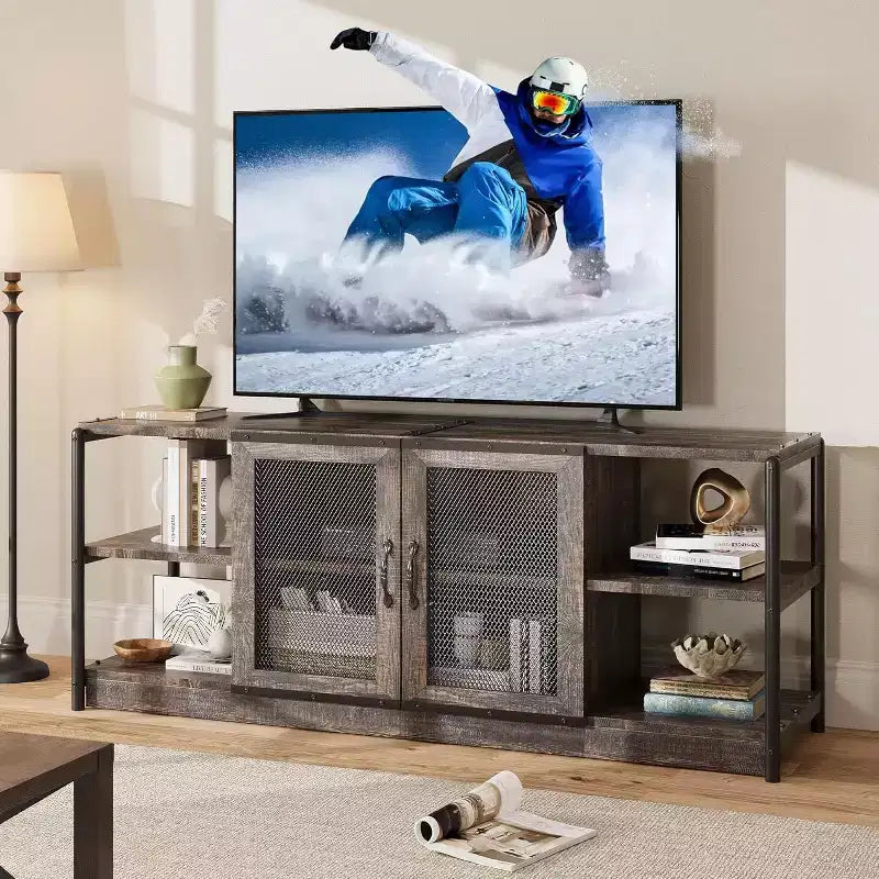 Mobile Porta TV Marrone / Quercia Scuro / Grigio con Vano Contenitore e Ante in Rete – Adatto fino a 75", per 1 TV