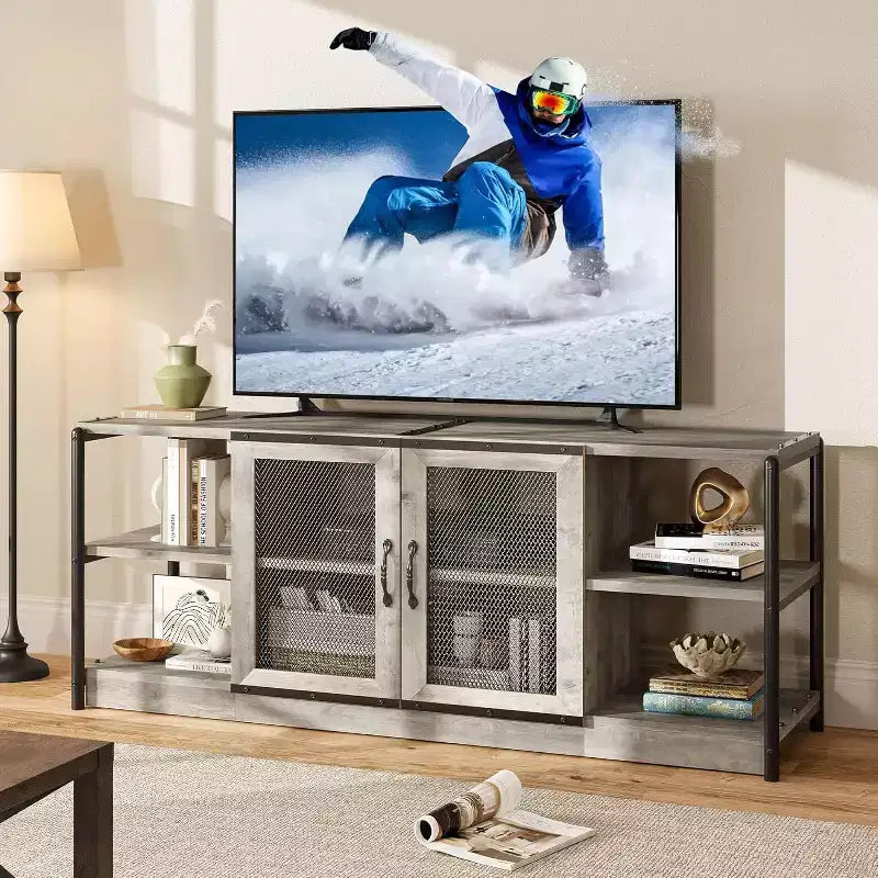 Mobile Porta TV Marrone / Quercia Scuro / Grigio con Vano Contenitore e Ante in Rete – Adatto fino a 75", per 1 TV