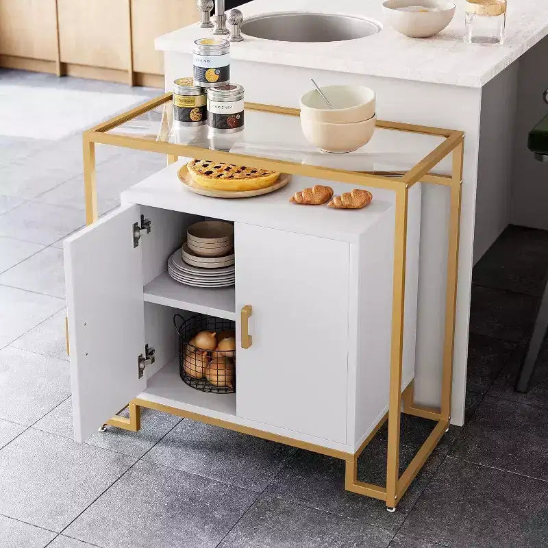 Credenza Buffet a 2 ante, Legno venato marrone chiaro / Pannello bianco con struttura dorata