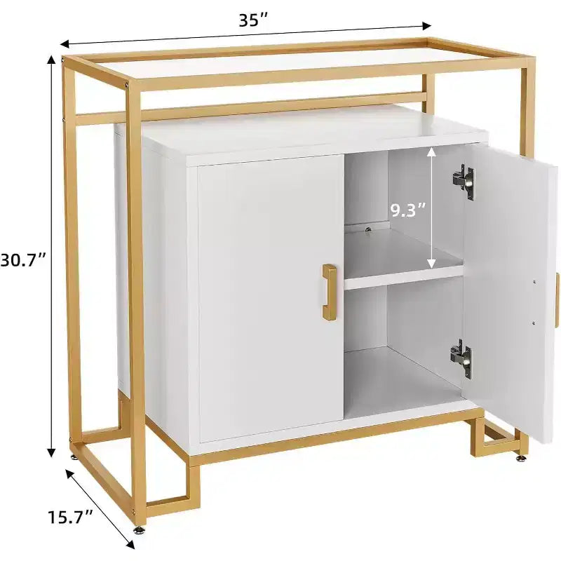 Credenza Buffet a 2 ante, Legno venato marrone chiaro / Pannello bianco con struttura dorata