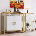 Credenza Buffet a 2 ante, Legno venato marrone chiaro / Pannello bianco con struttura dorata