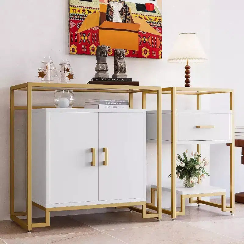 Credenza Buffet a 2 ante, Legno venato marrone chiaro / Pannello bianco con struttura dorata