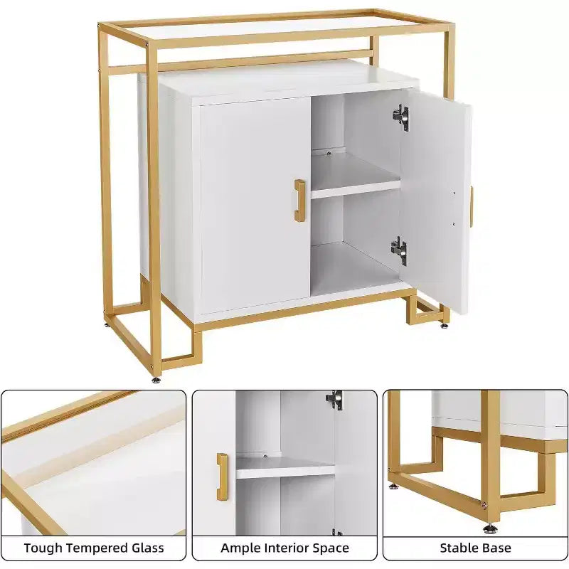 Credenza Buffet a 2 ante, Legno venato marrone chiaro / Pannello bianco con struttura dorata
