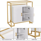 Credenza Buffet a 2 ante, Legno venato marrone chiaro / Pannello bianco con struttura dorata