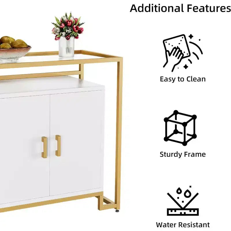 Credenza Buffet a 2 ante, Legno venato marrone chiaro / Pannello bianco con struttura dorata