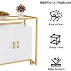 Credenza Buffet a 2 ante, Legno venato marrone chiaro / Pannello bianco con struttura dorata