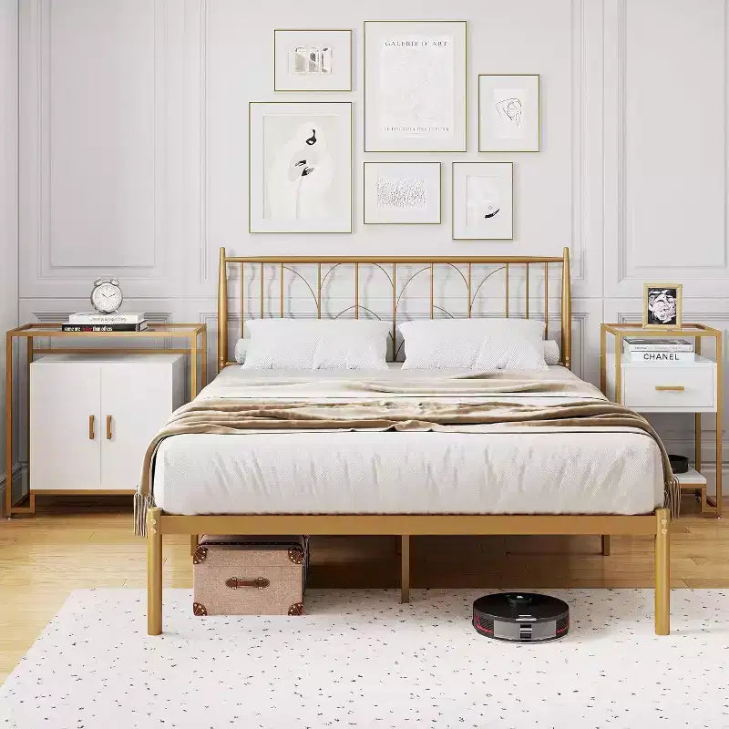 Credenza Buffet a 2 ante, Legno venato marrone chiaro / Pannello bianco con struttura dorata