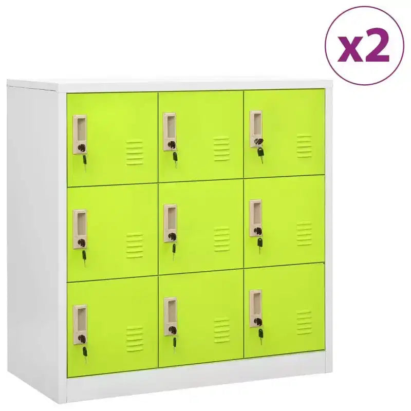 Armadietto in acciaio grigio e verde, set da 2 – 9 scomparti con serratura, 2 persone