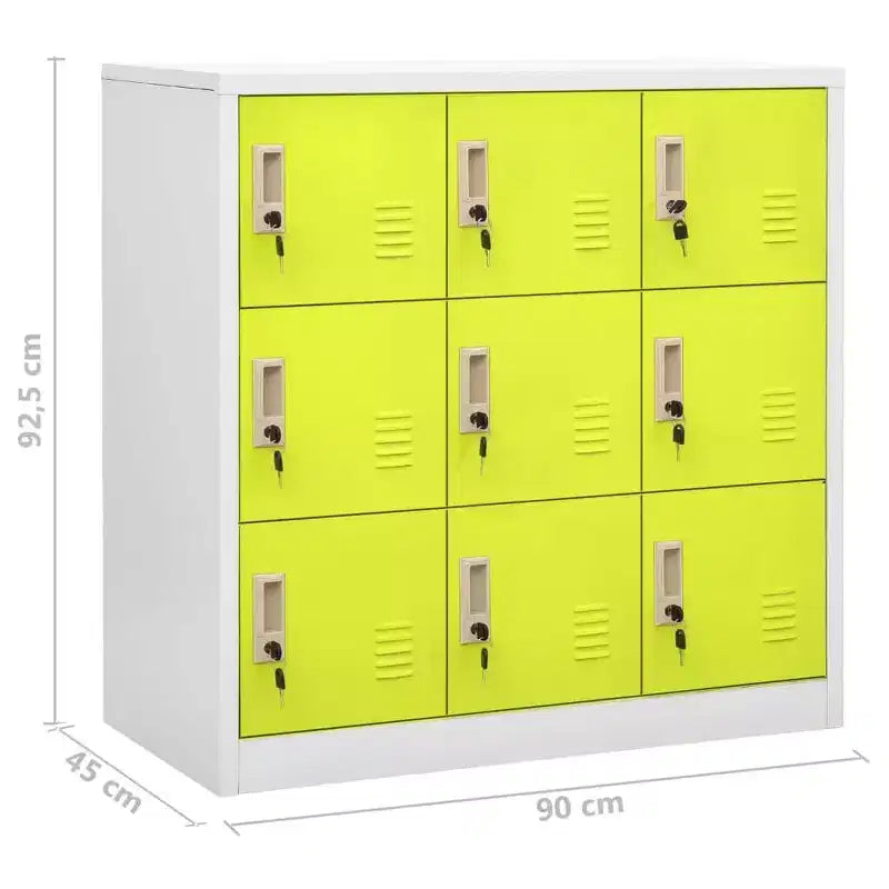 Armadietto in acciaio grigio e verde, set da 2 – 9 scomparti con serratura, 2 persone