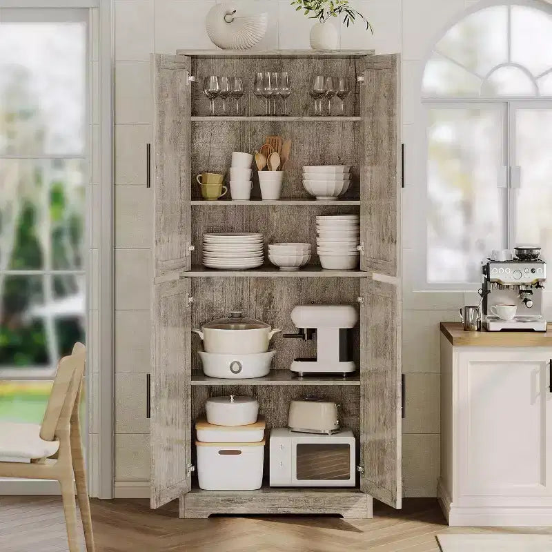 Mobile dispensa da terra bianco antico/grigio puro con 4 ante e ripiani regolabili, altezza 178 cm, montaggio in 1 persona