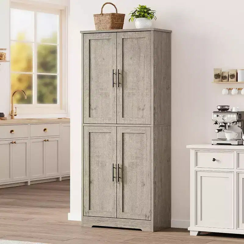 Mobile dispensa da terra bianco antico/grigio puro con 4 ante e ripiani regolabili, altezza 178 cm, montaggio in 1 persona