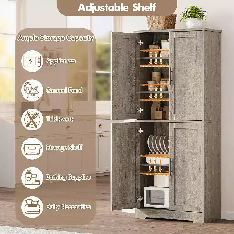 Mobile dispensa da terra bianco antico/grigio puro con 4 ante e ripiani regolabili, altezza 178 cm, montaggio in 1 persona