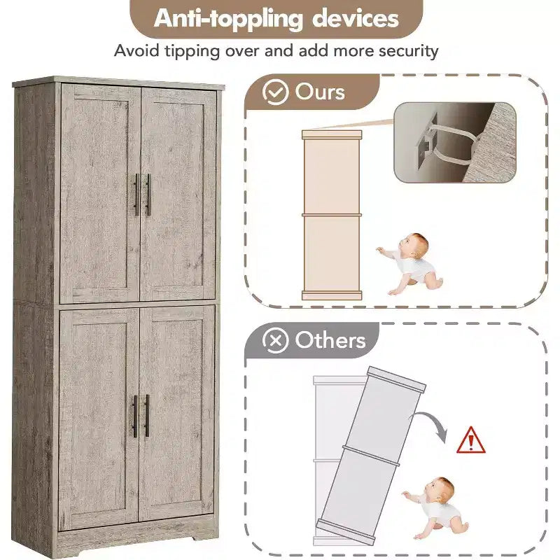 Mobile dispensa da terra bianco antico/grigio puro con 4 ante e ripiani regolabili, altezza 178 cm, montaggio in 1 persona
