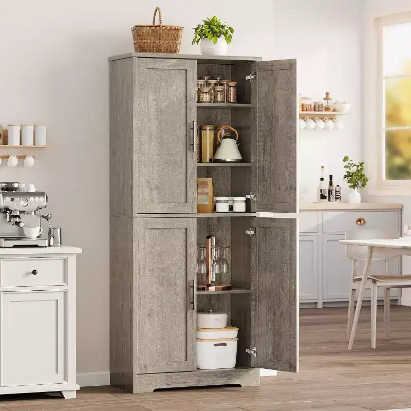 Mobile dispensa da terra bianco antico/grigio puro con 4 ante e ripiani regolabili, altezza 178 cm, montaggio in 1 persona