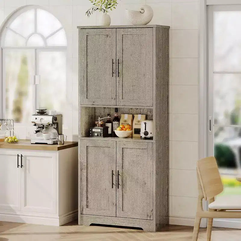 Mobile dispensa da terra bianco antico/grigio puro con 4 ante e ripiani regolabili, altezza 178 cm, montaggio in 1 persona