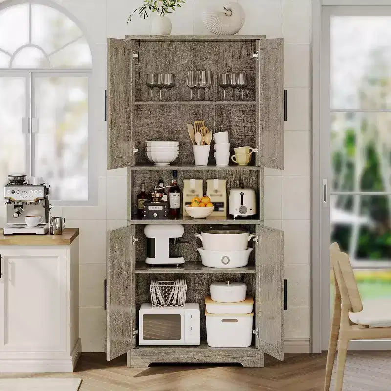 Mobile dispensa da terra bianco antico/grigio puro con 4 ante e ripiani regolabili, altezza 178 cm, montaggio in 1 persona
