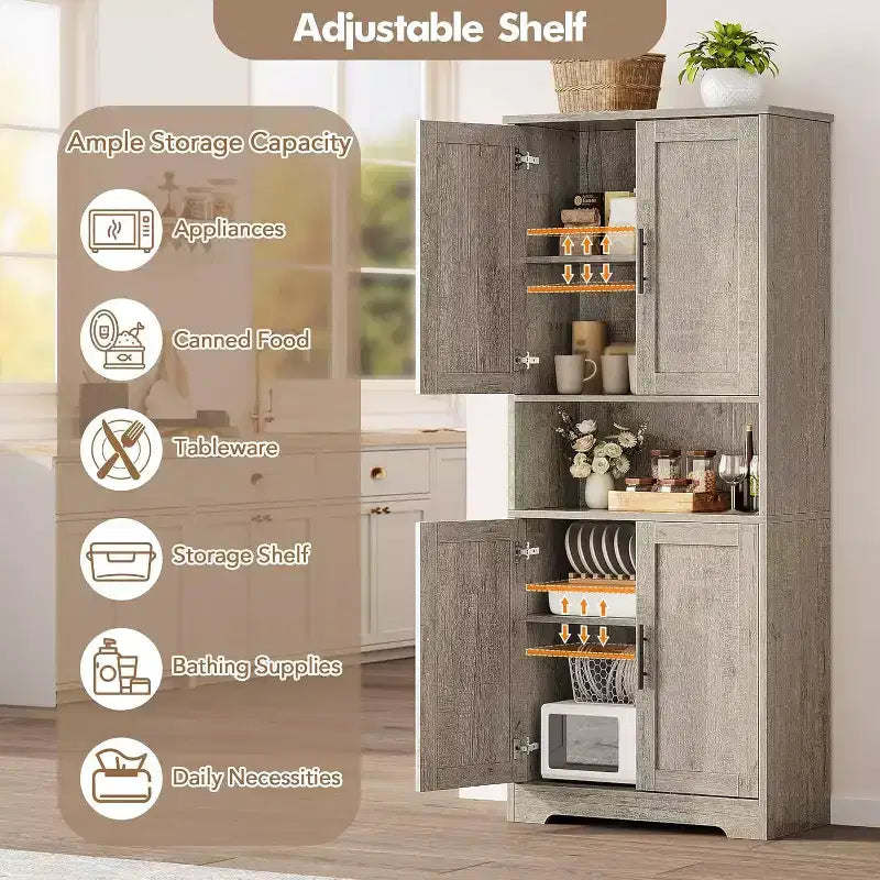 Mobile dispensa da terra bianco antico/grigio puro con 4 ante e ripiani regolabili, altezza 178 cm, montaggio in 1 persona