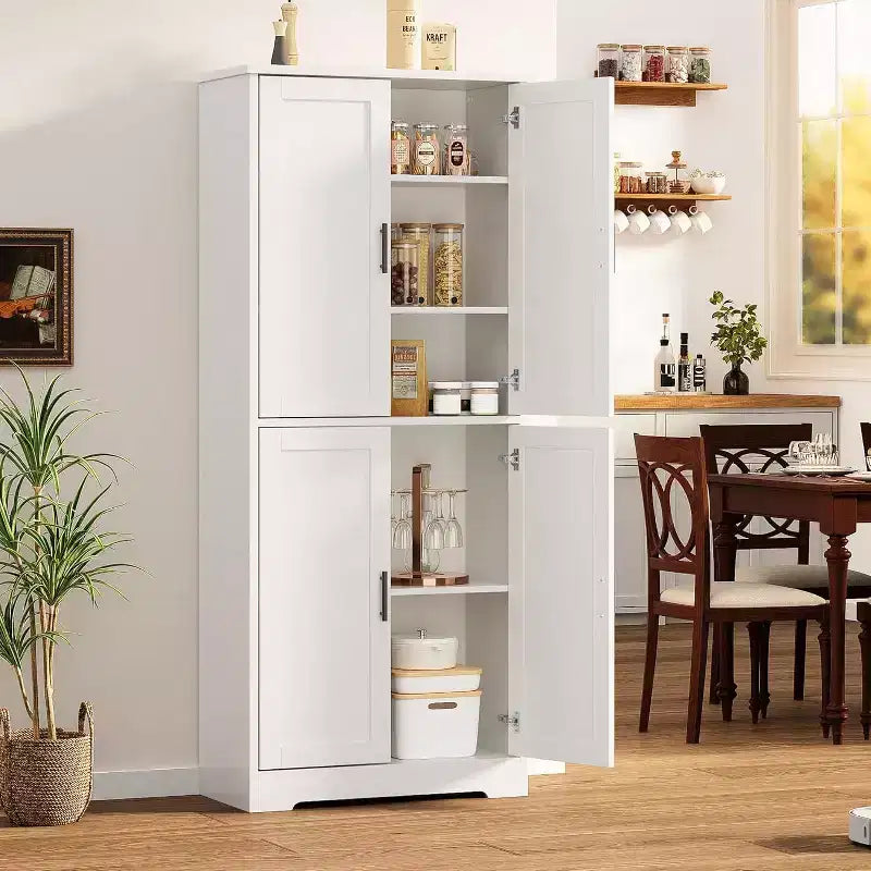 Mobile dispensa da terra bianco antico/grigio puro con 4 ante e ripiani regolabili, altezza 178 cm, montaggio in 1 persona