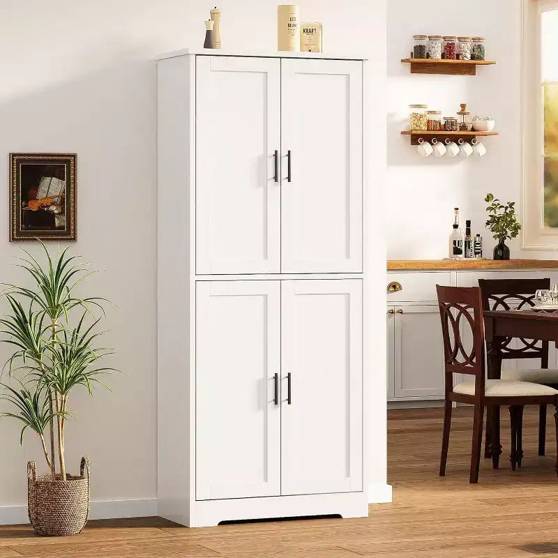Mobile dispensa da terra bianco antico/grigio puro con 4 ante e ripiani regolabili, altezza 178 cm, montaggio in 1 persona