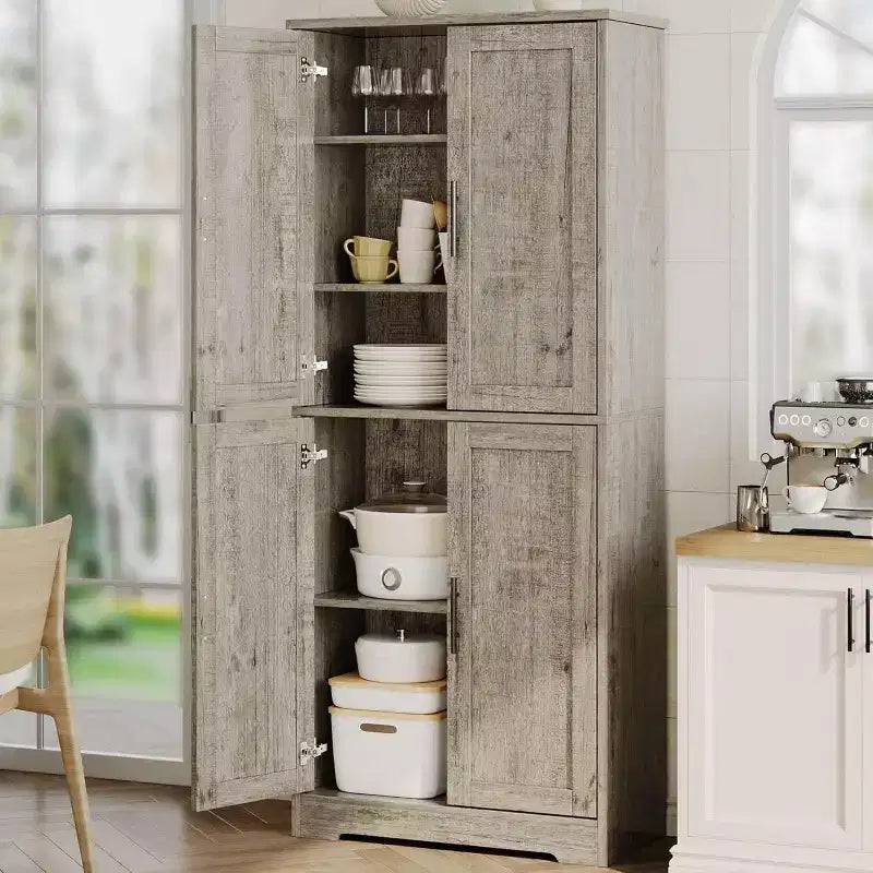 Mobile dispensa da terra bianco antico/grigio puro con 4 ante e ripiani regolabili, altezza 178 cm, montaggio in 1 persona