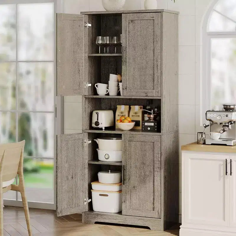 Mobile dispensa da terra bianco antico/grigio puro con 4 ante e ripiani regolabili, altezza 178 cm, montaggio in 1 persona