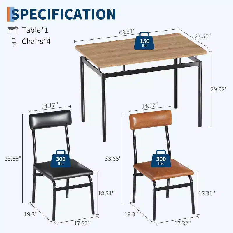 Set da pranzo 5 pezzi marrone, sedie imbottite, struttura in metallo, 4 posti a sedere
