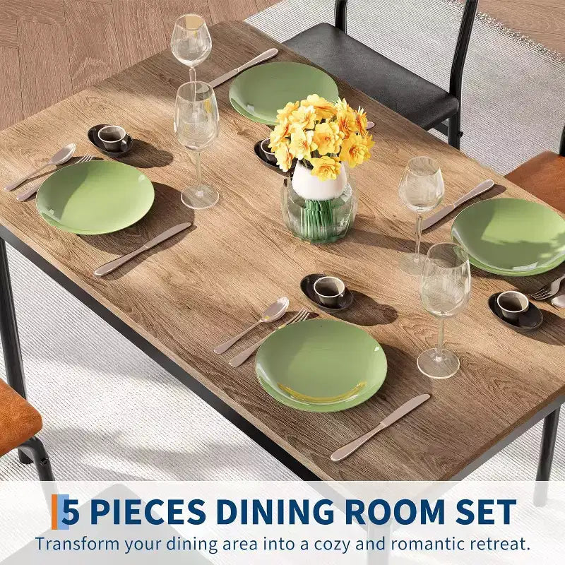 Set da pranzo 5 pezzi marrone, sedie imbottite, struttura in metallo, 4 posti a sedere