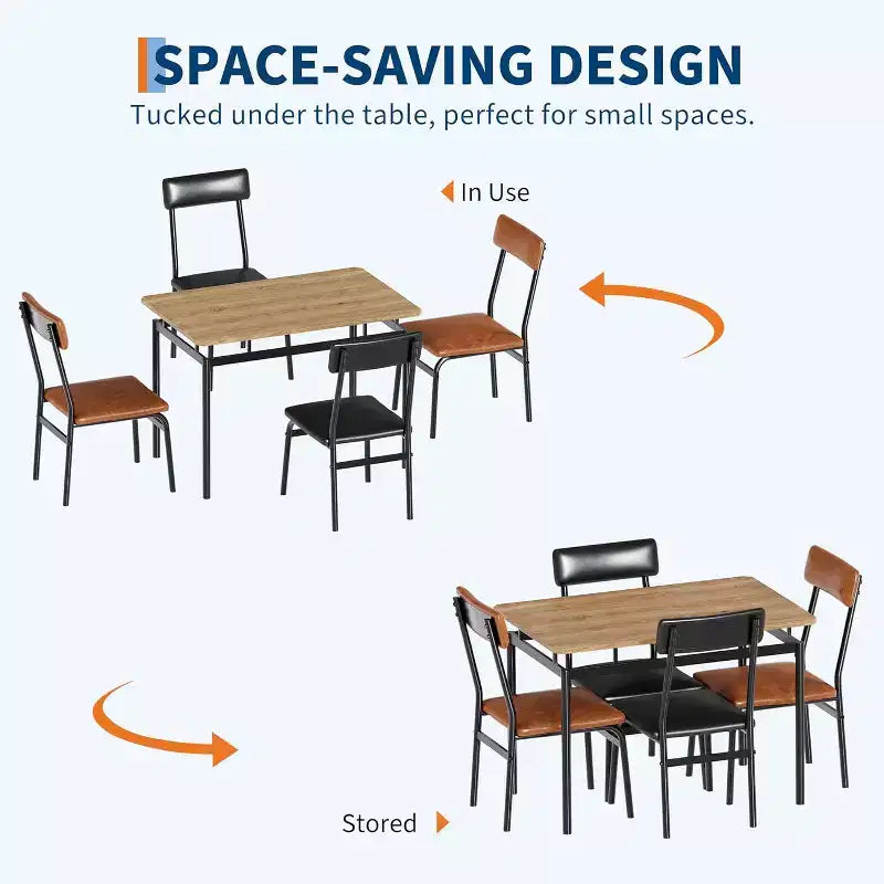 Set da pranzo 5 pezzi marrone, sedie imbottite, struttura in metallo, 4 posti a sedere
