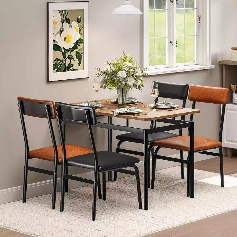 Set da pranzo 5 pezzi marrone, sedie imbottite, struttura in metallo, 4 posti a sedere