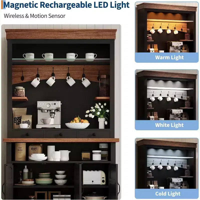 Mobile da Bar per Caffè da Fattoria Noce & Nero / Noce & Bianco con LED, 3 Ante e 3 Cassetti