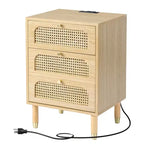 Comodino singolo beige a 3 cassetti con cassetti in rattan