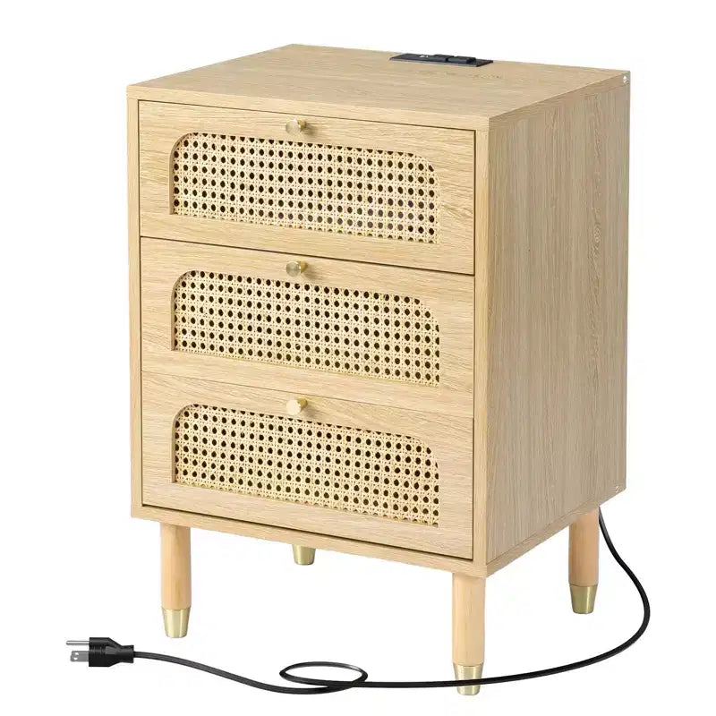 Comodino singolo beige a 3 cassetti con cassetti in rattan