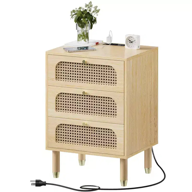 Comodino singolo beige a 3 cassetti con cassetti in rattan