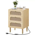 Comodino singolo beige a 3 cassetti con cassetti in rattan