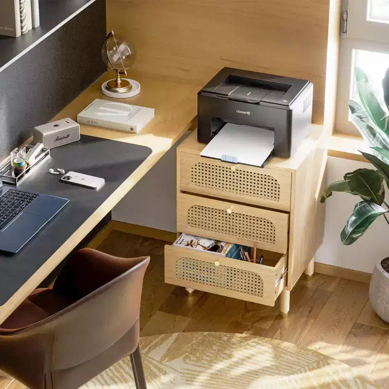 Comodino singolo beige a 3 cassetti con cassetti in rattan