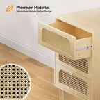 Comodino singolo beige a 3 cassetti con cassetti in rattan
