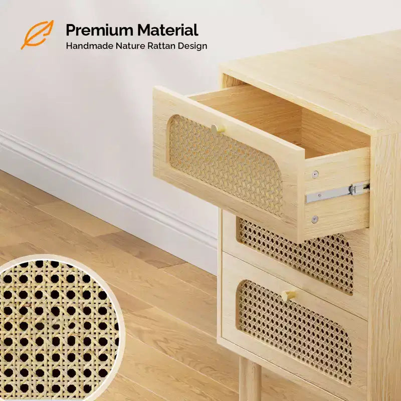 Comodino singolo beige a 3 cassetti con cassetti in rattan
